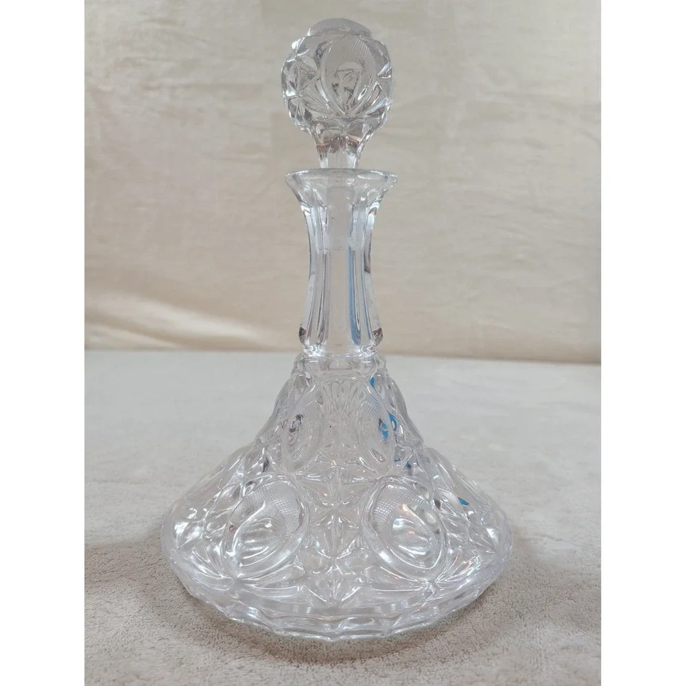 Vintage Cut Lead Crystal Ships Decanter with Faceted‎ Ball Stopper Clear Glass